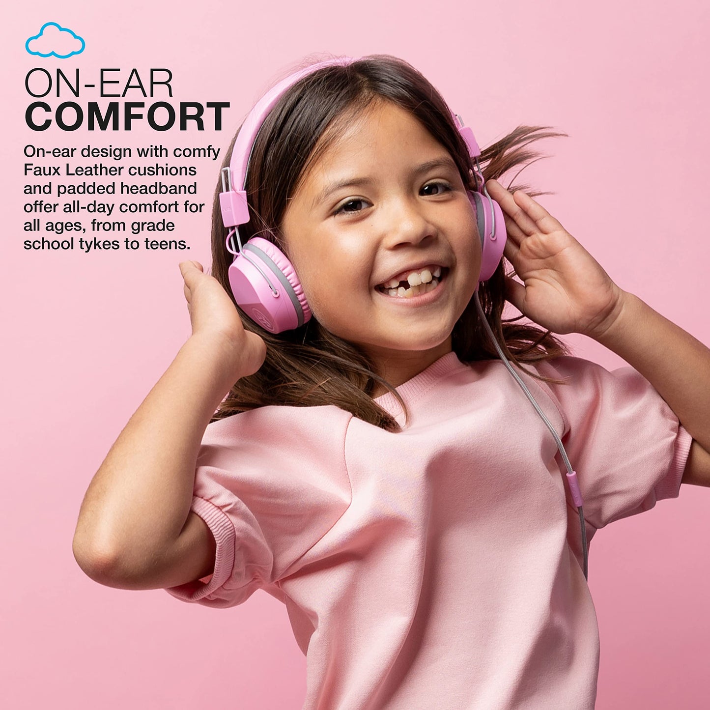 JLab JBuddies Studio on-Ear Kids Wired Headphones with mic, Volume Limiter, Foldable, Adjustable, Noise Isolation, Pink