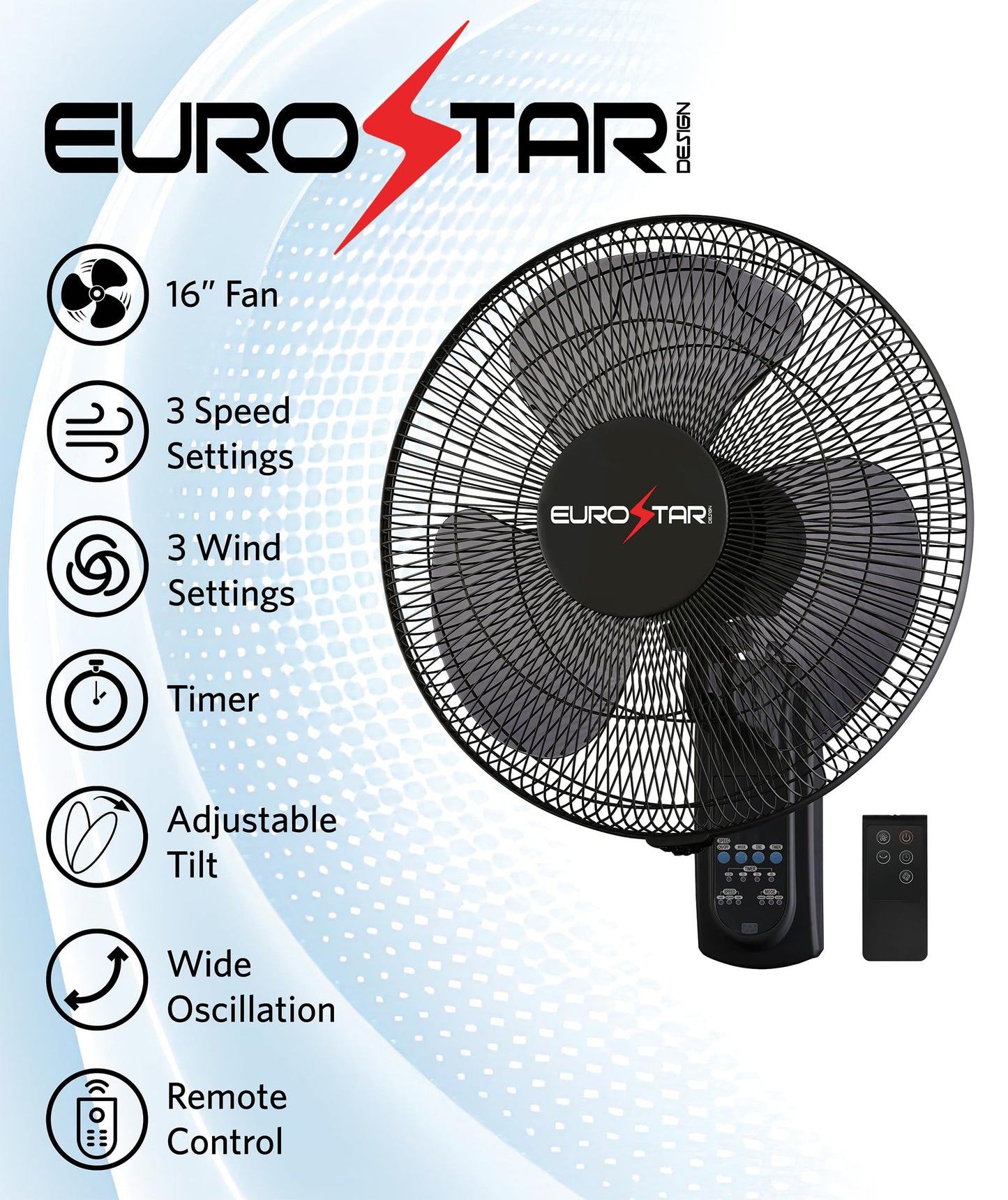 EUROSTAR FWF16B 16" Wall Fan with Remote, Black