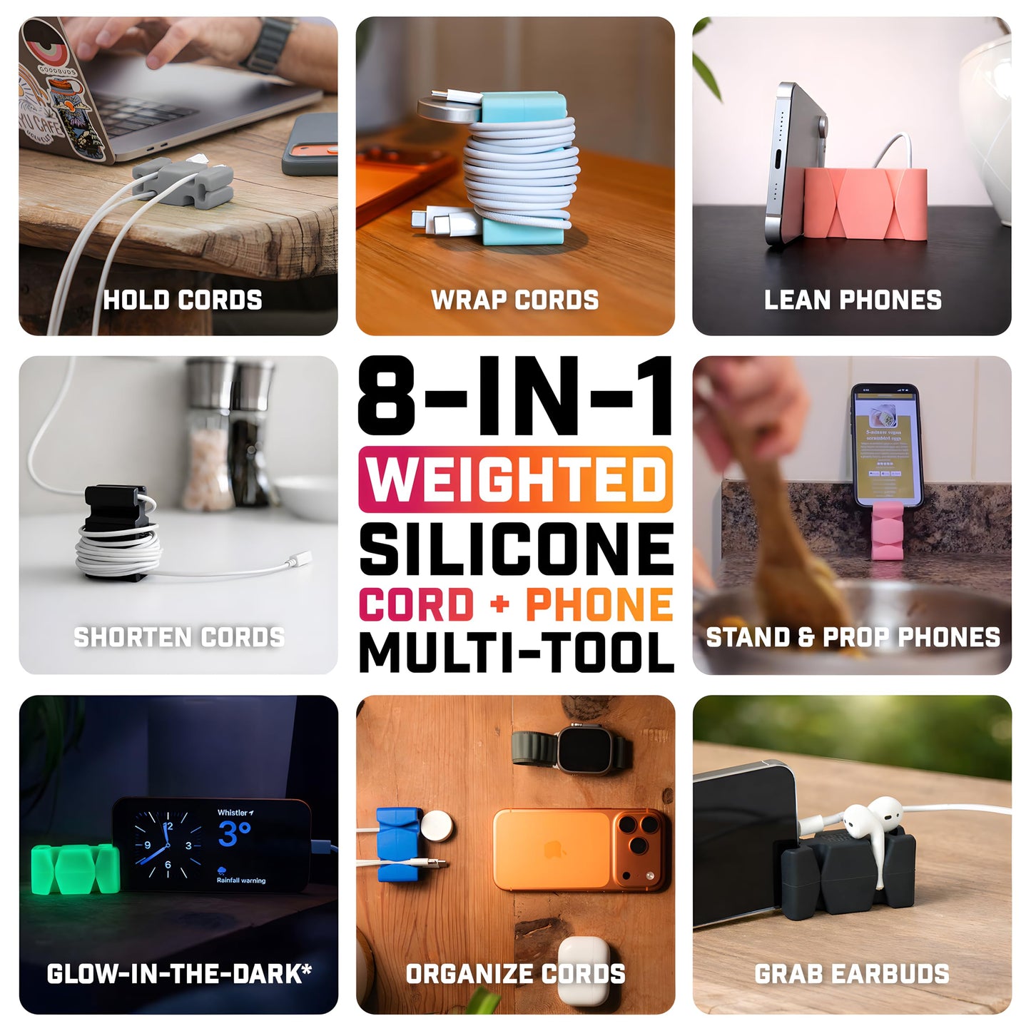 CordBrick Silicone + Steel Weighted Cord Holder for Nightstand, Travel Cord Management, iPhone Accessory, Easter Basket Stuffers for College Students