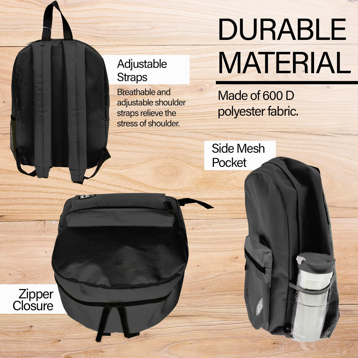 BAZIC School Backpack 16" Black, Lightweight School Bag Padded Back & Adjustable Strap for Students, Travel Bag Fit A4 Notebook, 1-Pack