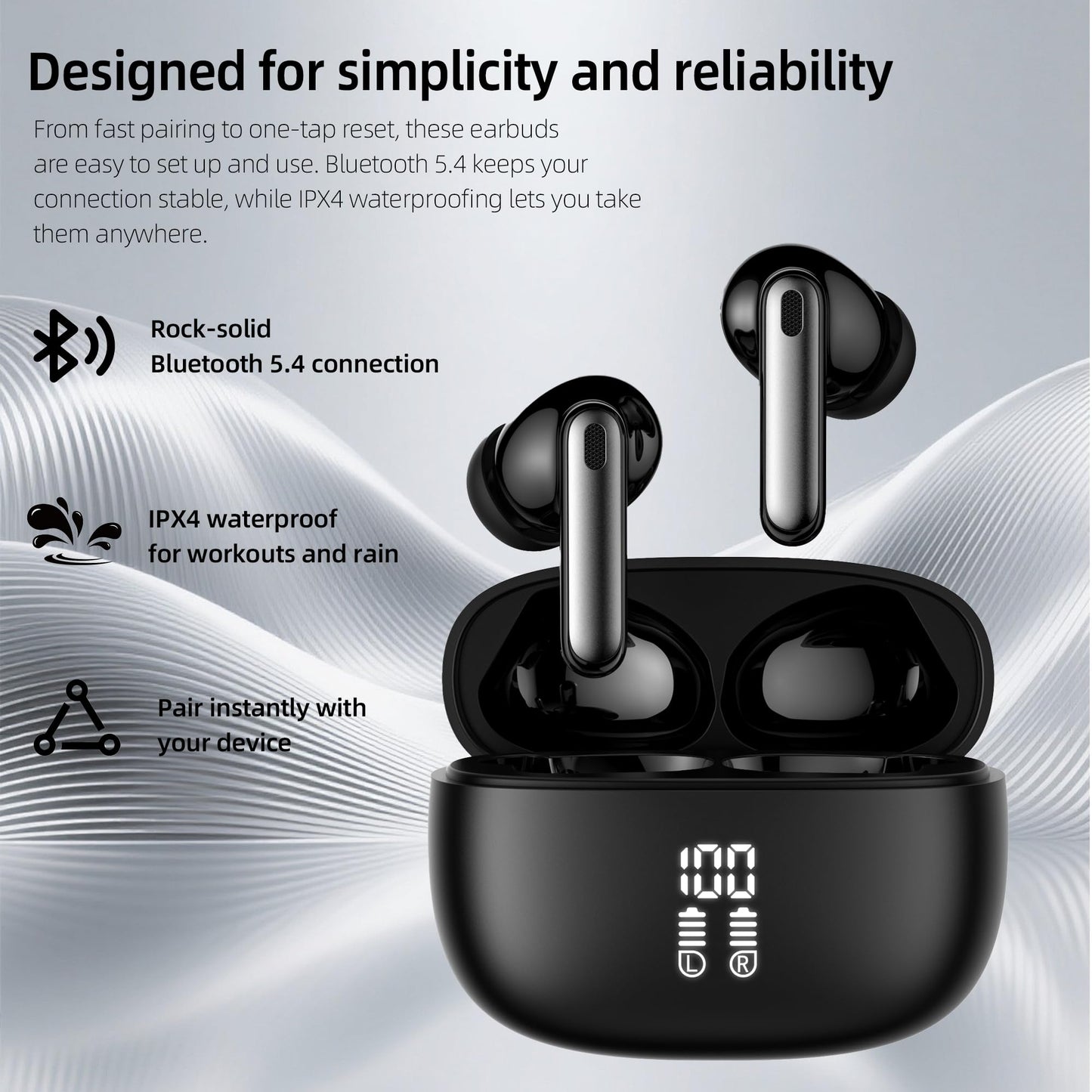 Cyberix Active Noise Cancelling Ear Buds, Bluetooth 5.4 True Wireless Earbuds with LED Power Display and Touch Control, Waterproof, Long Battery Life