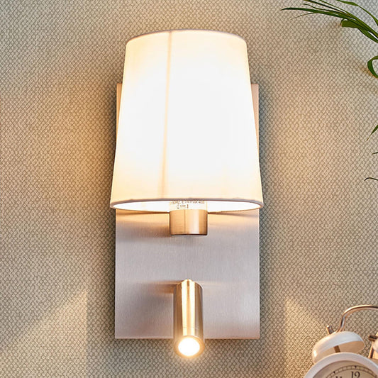 Lucande 12.1" Wall Sconce with Shade & Reading Light, White Fabric Wall Lamp for Bedroom, Silver Bedside Wall Light with LED Reading Light 3000K 205
