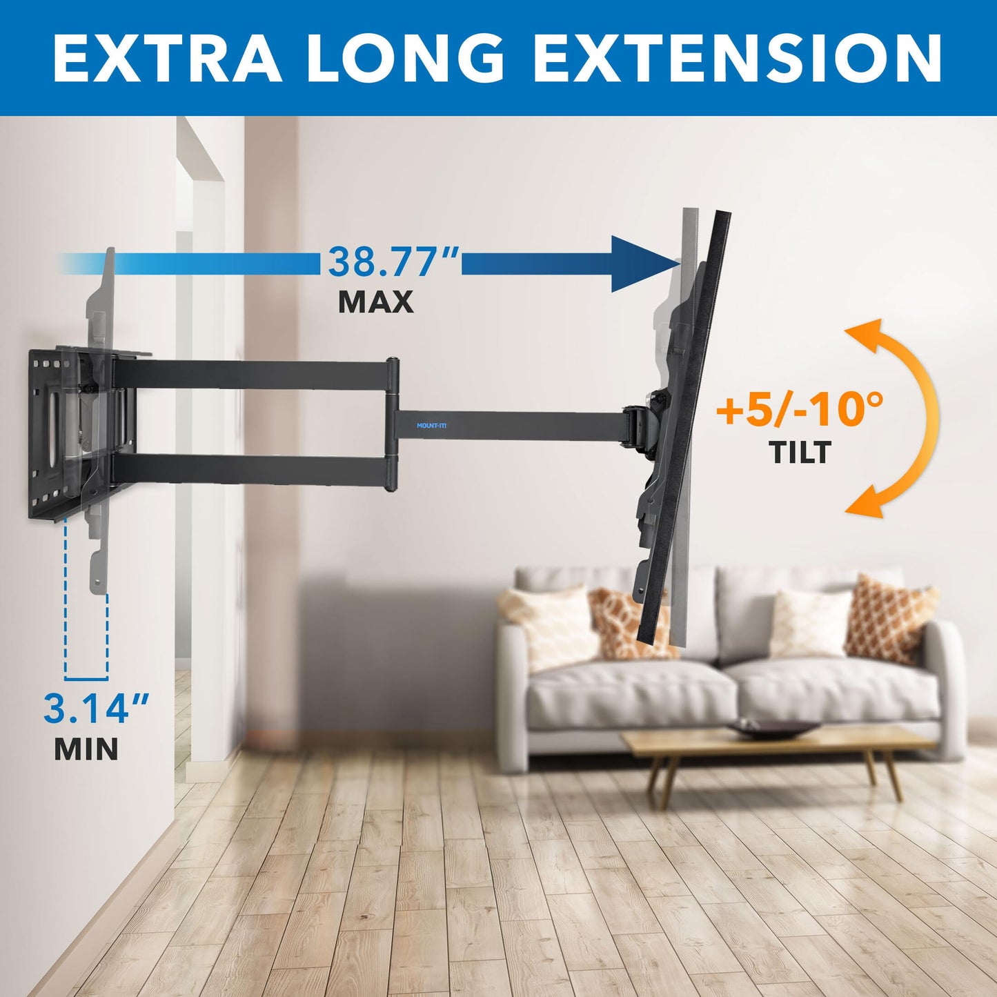 Mount-It! Long Arm TV Mount, Full Motion Long Extension Wall Bracket with 38.5 inch Extension,TV Wall Mount Fits Screens 40, 50, 55, 60, 65, 70, 75