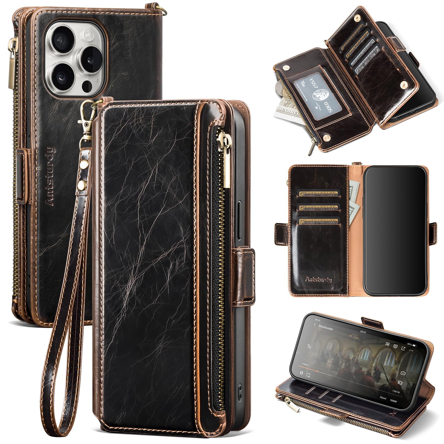 Antsturdy Compatible with iPhone 16 Pro Max Wallet Case,RFID Blocking PU Leather Phone Case Women Men Kickstand flip Cover Wrist Strap Zipper Credit