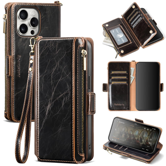 Antsturdy Compatible with iPhone 16 Pro Max Wallet Case,RFID Blocking PU Leather Phone Case Women Men Kickstand flip Cover Wrist Strap Zipper Credit