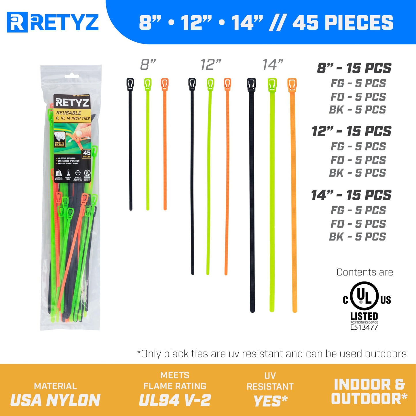 RETYZ Releasable Cable Ties Combo Pack, 45 Pack, 50 lb (8-Inch & 12-Inch) & 120 lb (14-Inch) Tensile Strength, Multi-Color (Black, Fluorescent Orange