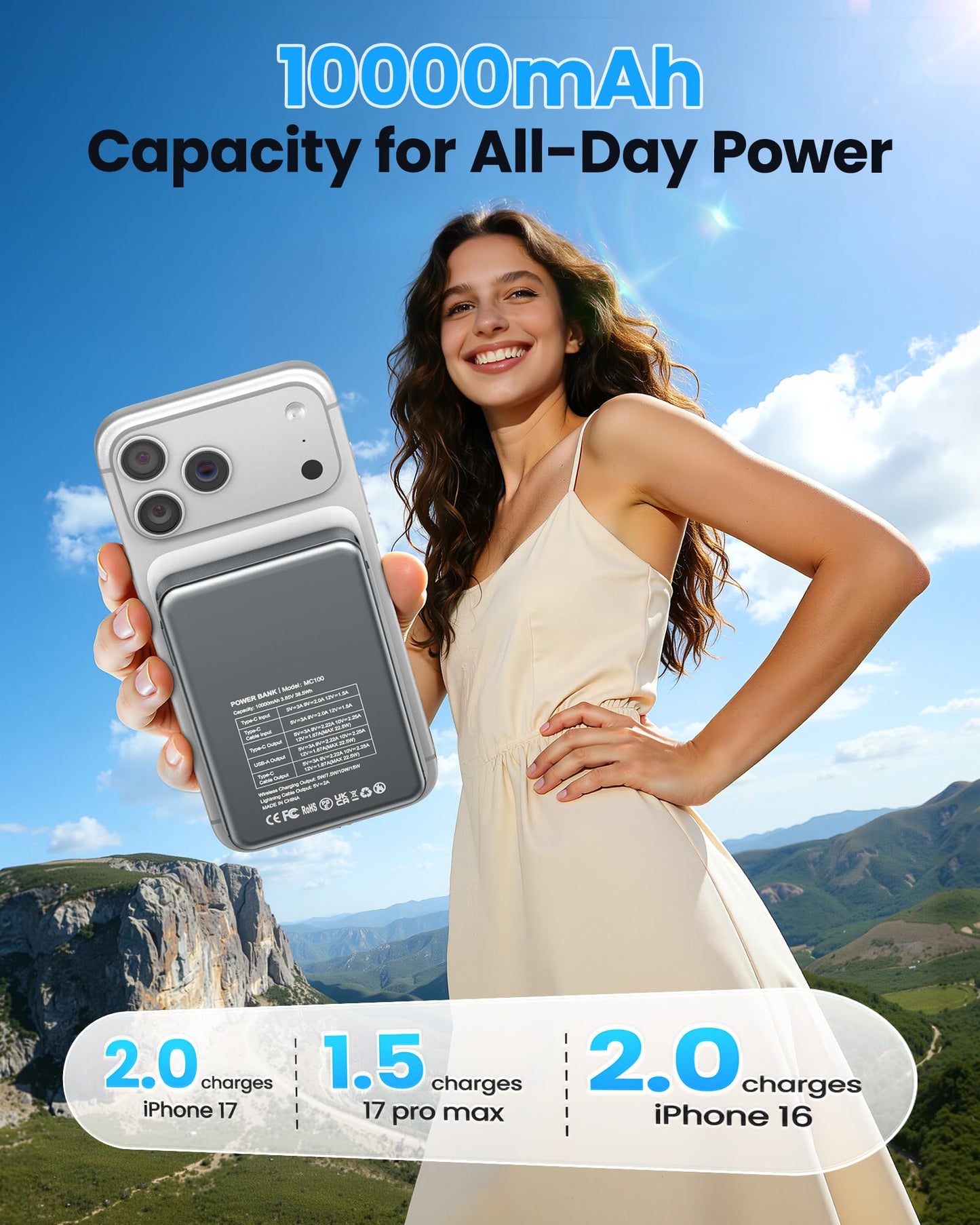 Magnetic Portable Charger, Power Bank Fast Charging 22.5W 10000mAh, Portable Charger with Built in Cable, for Magsafe Battery Pack Compatible