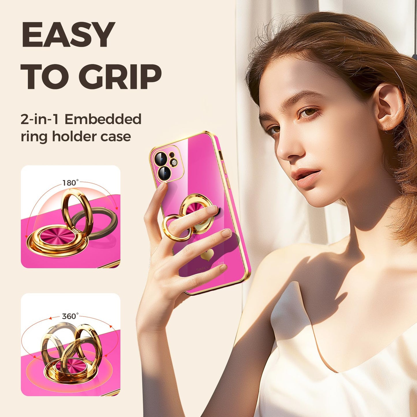 Nonional Compatible for iPhone 11 Case with 2 Pack Screen Protector, 360° Rotatable Ring Holder [Luxury Hearts Pattern] Plating Gold Edge Slim Soft