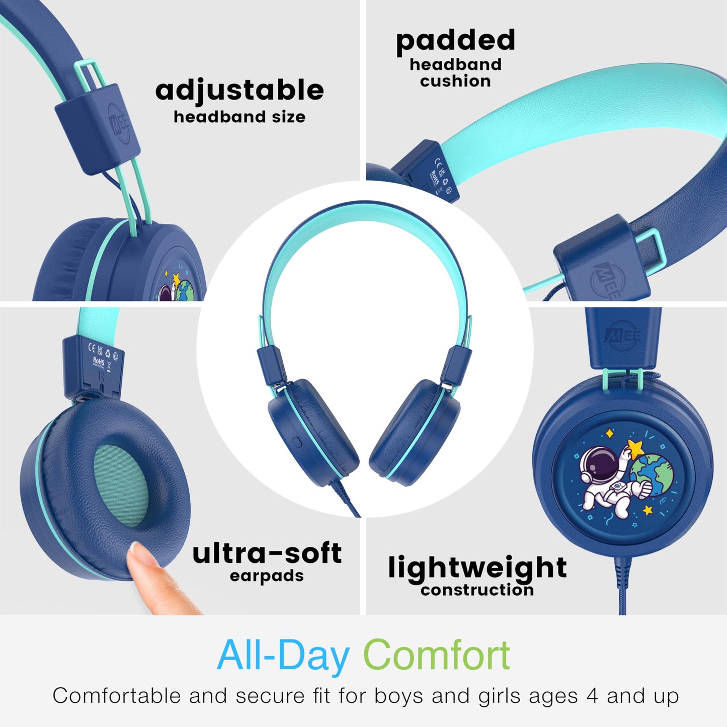 MEE audio KidJamz KJ55 Wired Children’s Headphones with 3.5mm Plug, Colorful Graphics, Volume Limiter & Microphone, Adjustable On-Ear Kids Headset