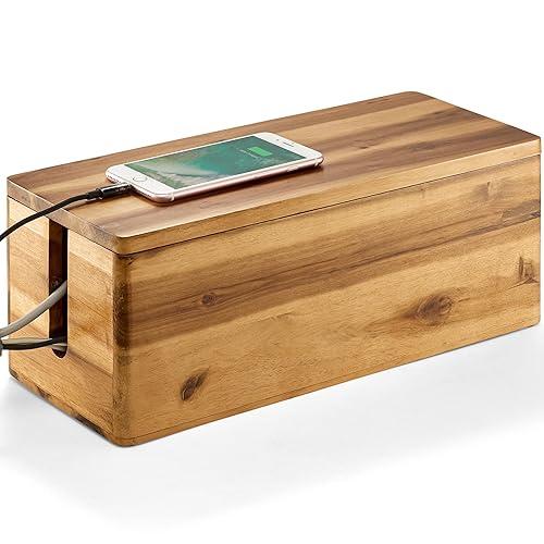 TIDITA Acacia Wood Cable Management Box Round Edge - 16" L Wooden Cable Organizer Box for Electrical Hiding Cord Management - Power Strip Hider Cable