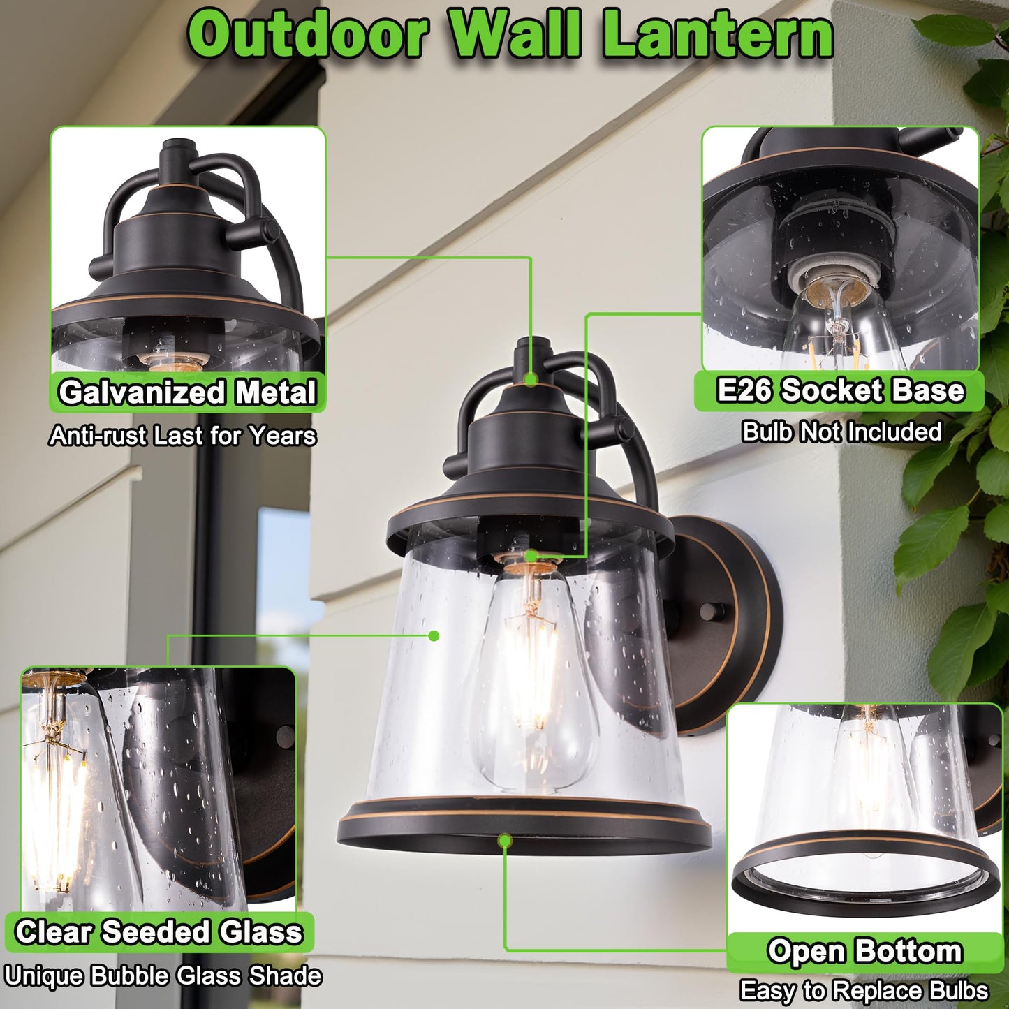 GRUENLICH Outdoor Wall Lantern, Wall Sconce as Porch Lighting Fixture, E26 Medium Base, Metal Housing Plus Seeded Glass, Oil Rubbed Bronze Finish