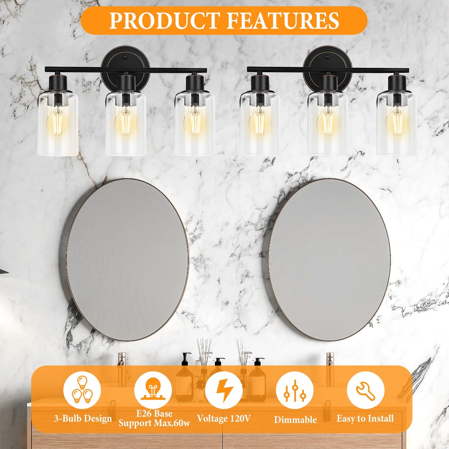 Faymart lighting Oil Rubbed Bronze 3-Light Bathroom Vanity Light Fixture Over Mirror, 3-Light Oil Rubbed Bronze Vanity Lights for Bathroom Three Bulb