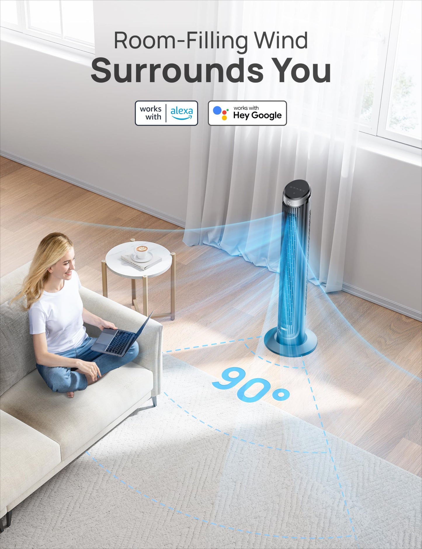 DREO Smart Tower Fan for Bedroom, 90° Oscillating Fan, 26ft/s Wind, 28dB