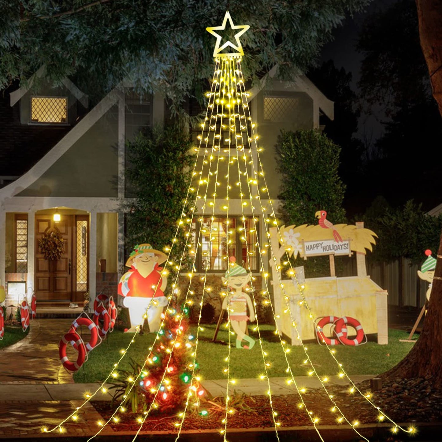 Outdoor Christmas Decorations Star String Lights, 317 LED 11.5 ft Waterfall Tree Lights with 8 Memory Lighting Modes&Timer Christmas Star Lights