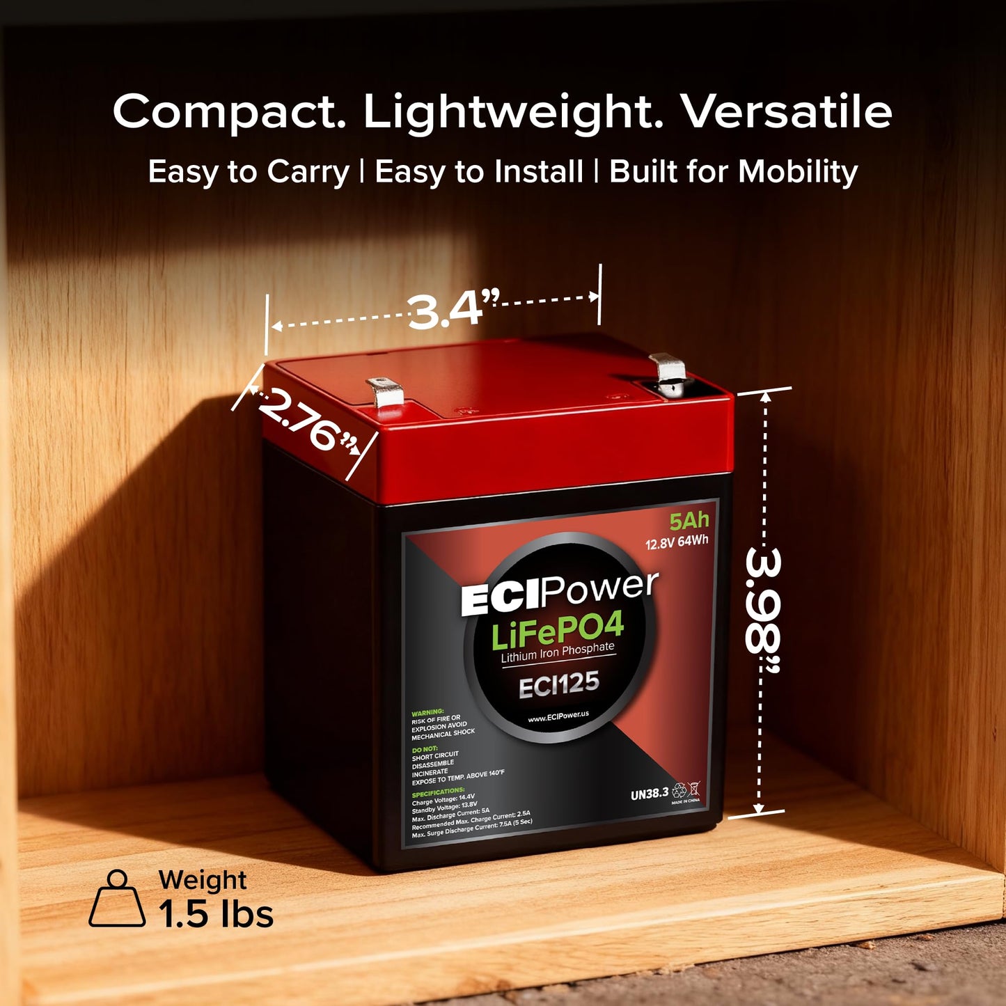 ECI Power 12V 5Ah Lithium LiFePO4 Deep Cycle Rechargeable Battery | 2000-5000 Life Cycles & 10-Year Lifetime | Built-in BMS