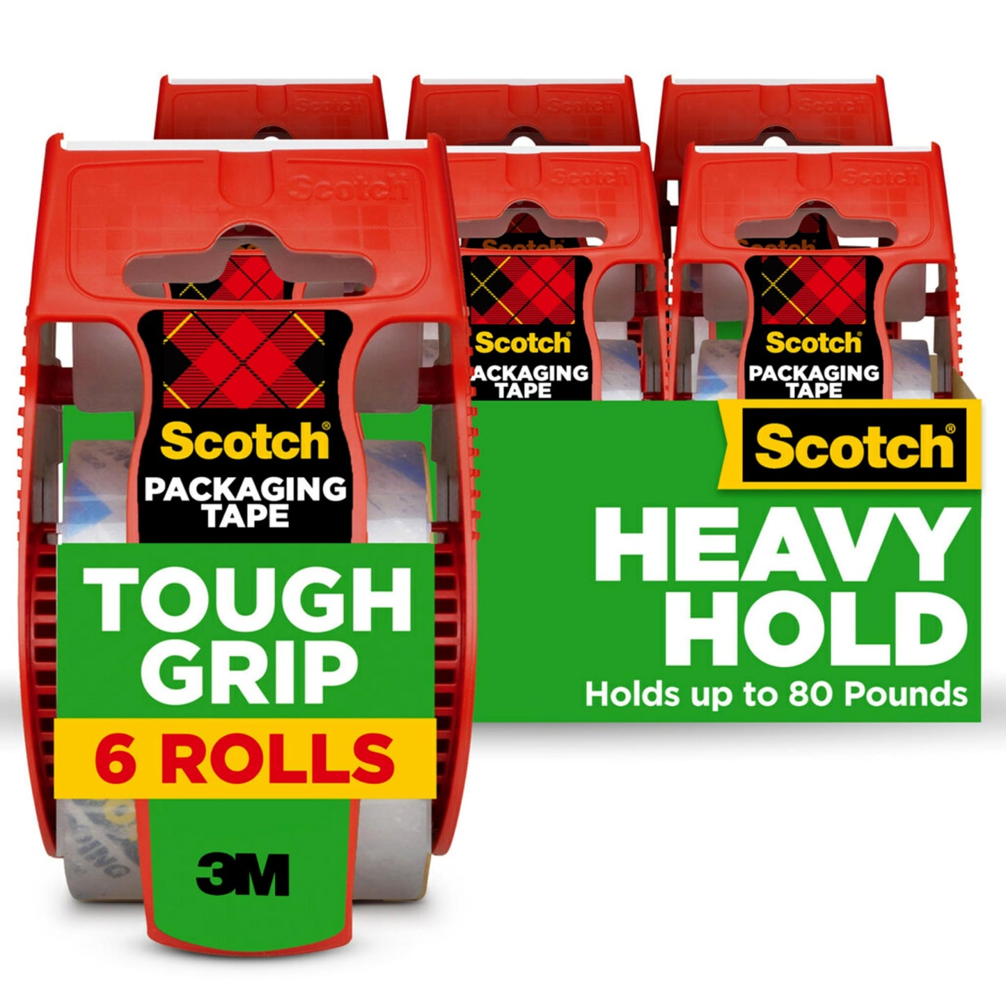 Scotch Tough Grip Moving Packing Tape, Clear, Moving Tape that Secures Boxes up to 80 Pounds, 1.88 in. x 22.2 yd., 6 Tape Rolls with Dispensers