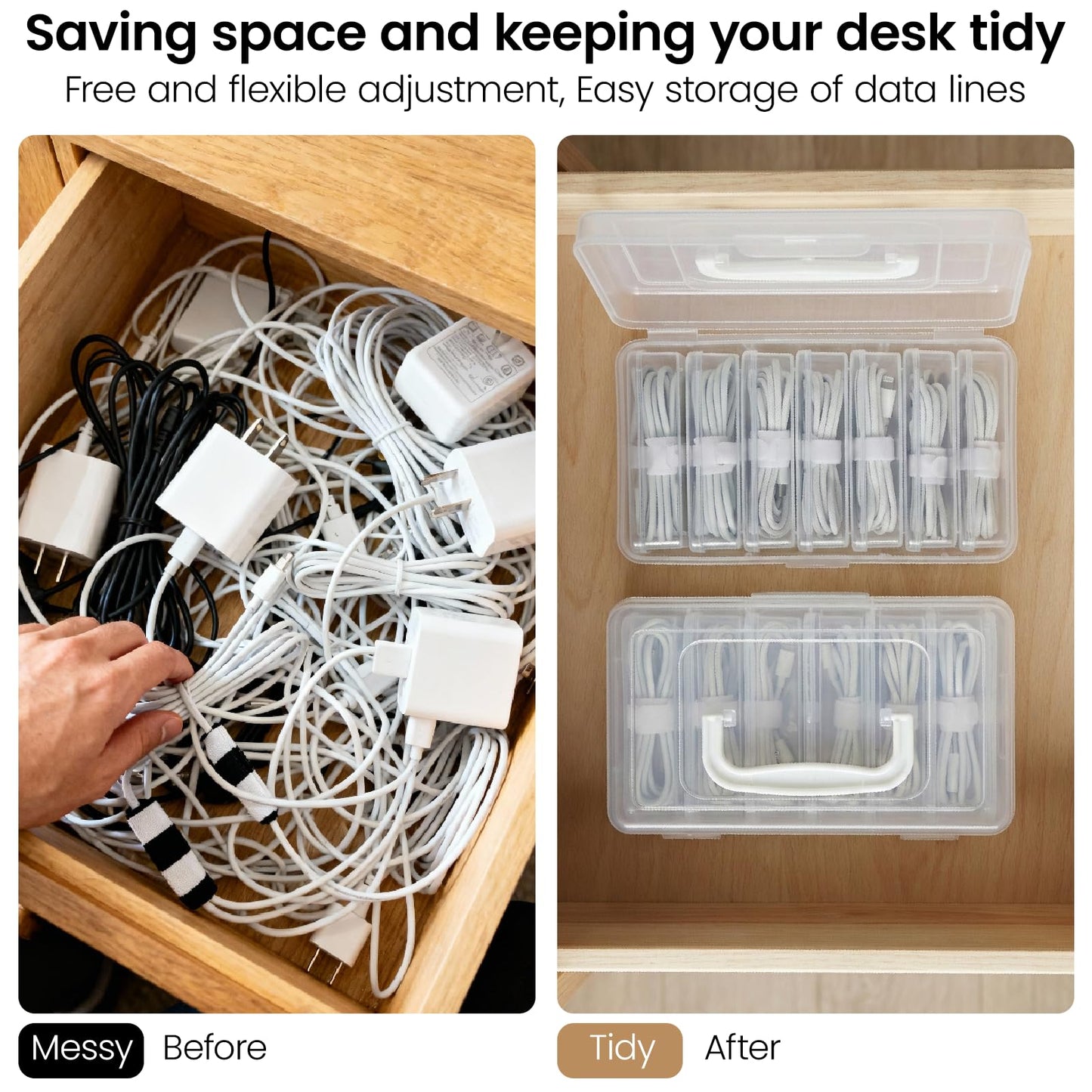 7 Case Portable Cable Storage Box with Handle and Label Stickers, Travel Cord Organizer for Charging Cables, USB Wires, Earphones - Drawer