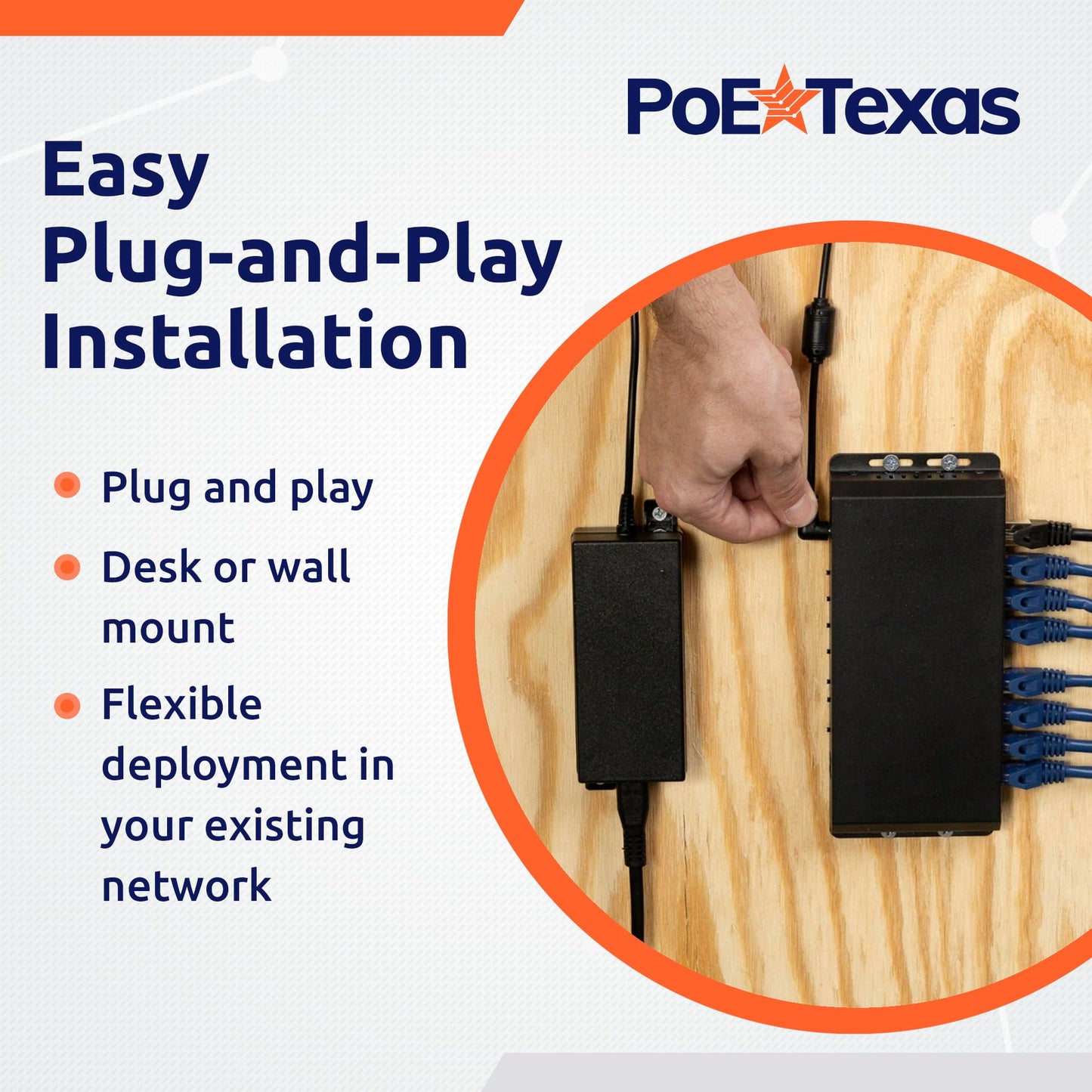 PoE Texas 8 Port Passive PoE Switch - 24v Passive Unmanaged Network Gigabit PoE Switch w/ 1 Uplink Port, Power 7 Devices, Includes 24 Volt 60 Watt