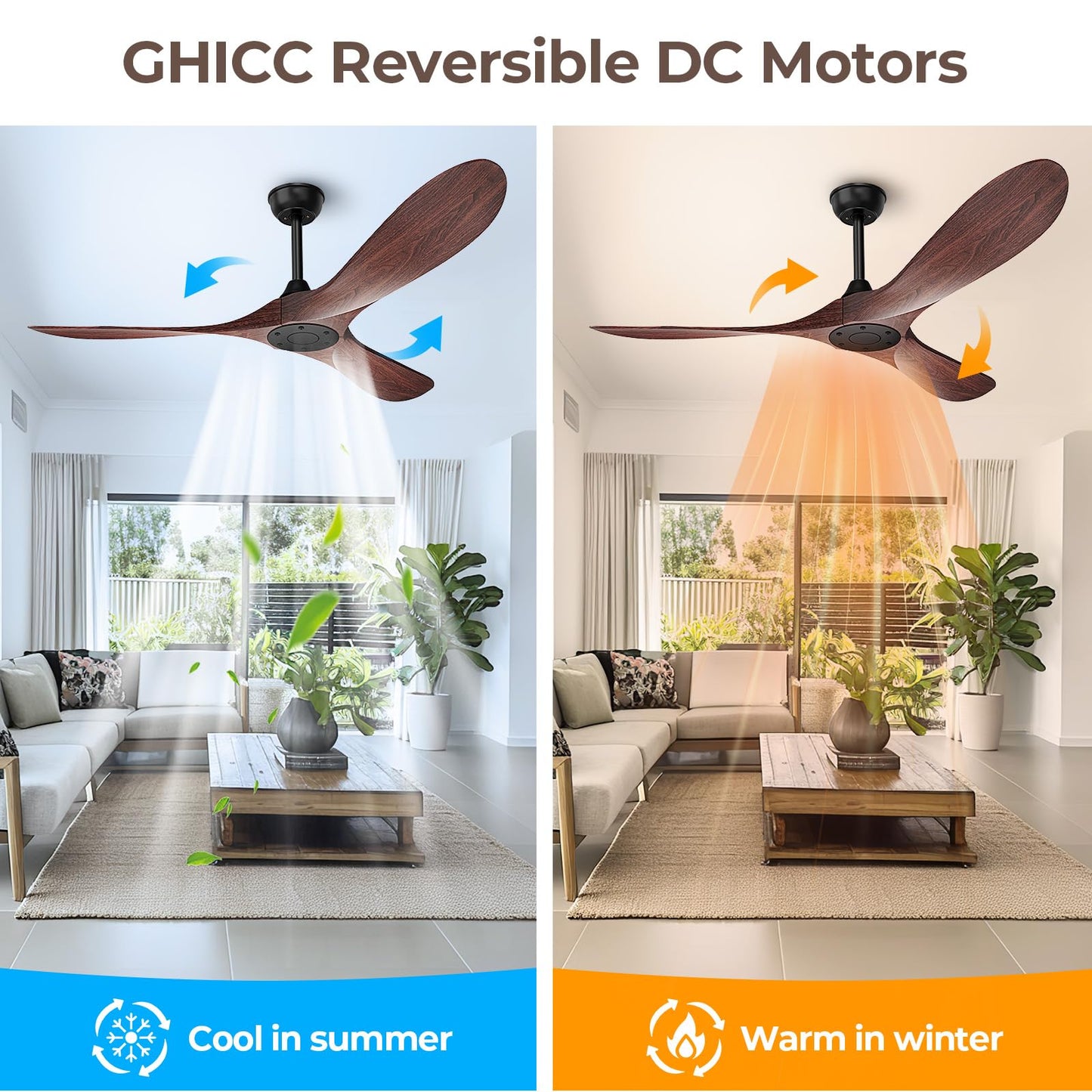 Obabala 52 Inch Ceiling Fan Without Lights, Walnut Finish | Outdoor Ceiling Fan with Remote, 6-Speed Adjustable Reversible DC Motor for Patio & Living