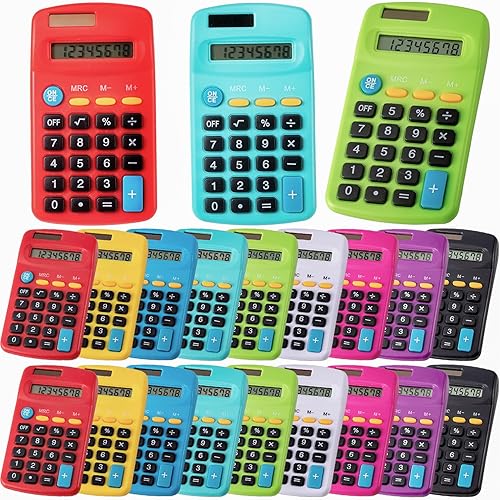 IJRPLM 18 Pack Mini Pocket Calculators, Solar & Battery Power, 8 Digit Display, Bulk for Students, Kids, School, Home, Office (9 Colors)