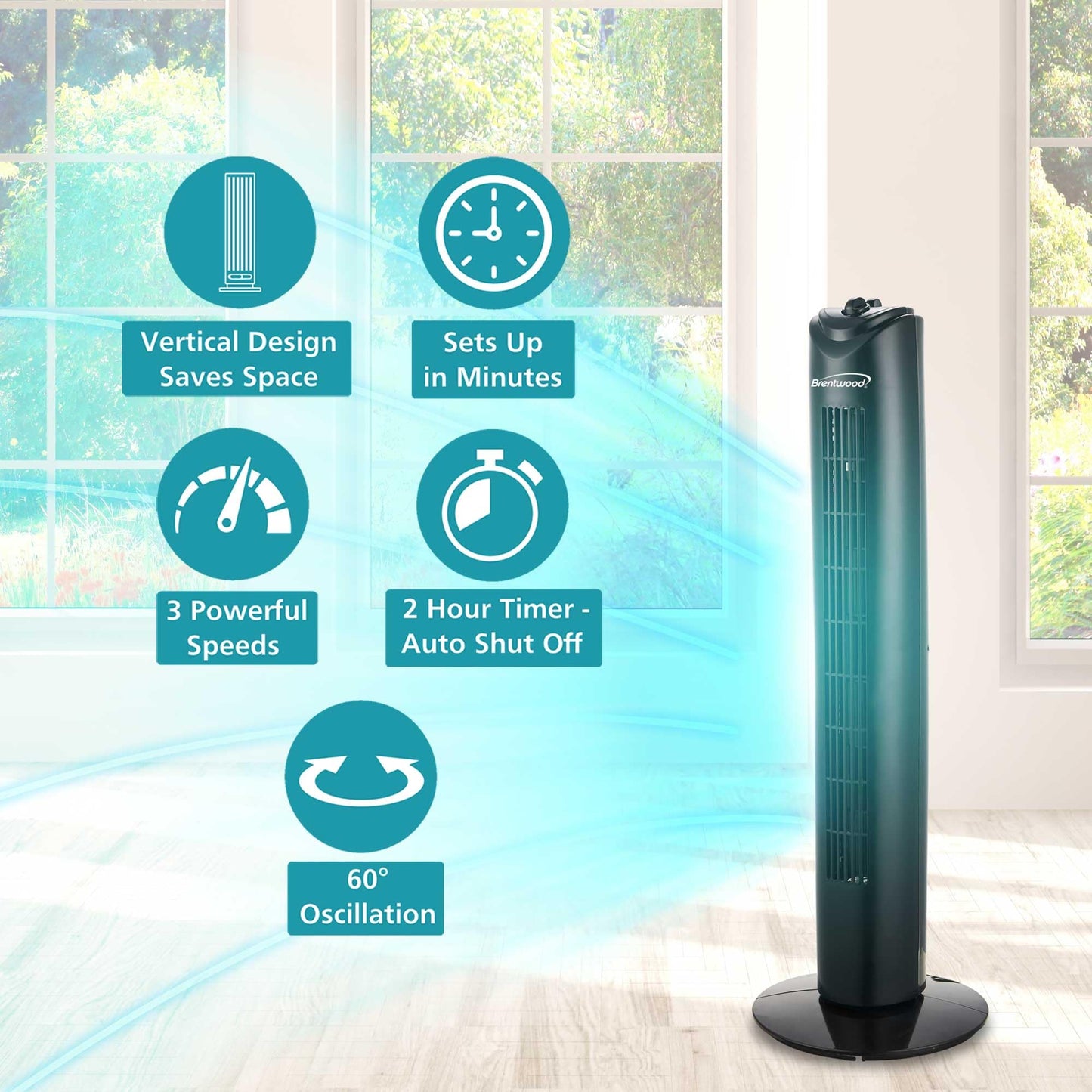 Brentwood 32” Portable Quiet Tower Fan with 3-Speeds, Powerful 16 FT/S Velocity, Wide 60° Oscillation, 2H Timer, Built-in Carry Handle (Black)