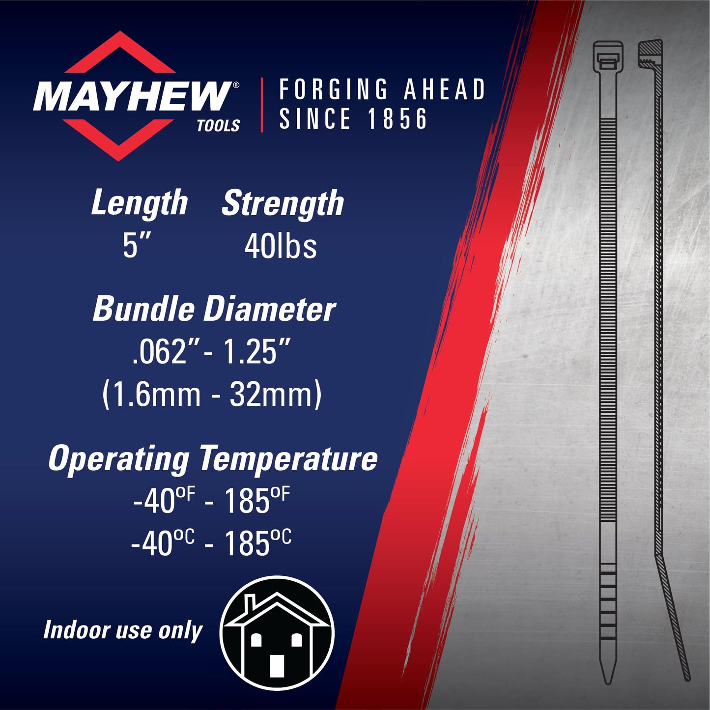 Mayhew Tools MB5-40NAT-C Nylon Cable Ties, 5" 40 lbs. Tensile Strength, 100-Pack, Natural