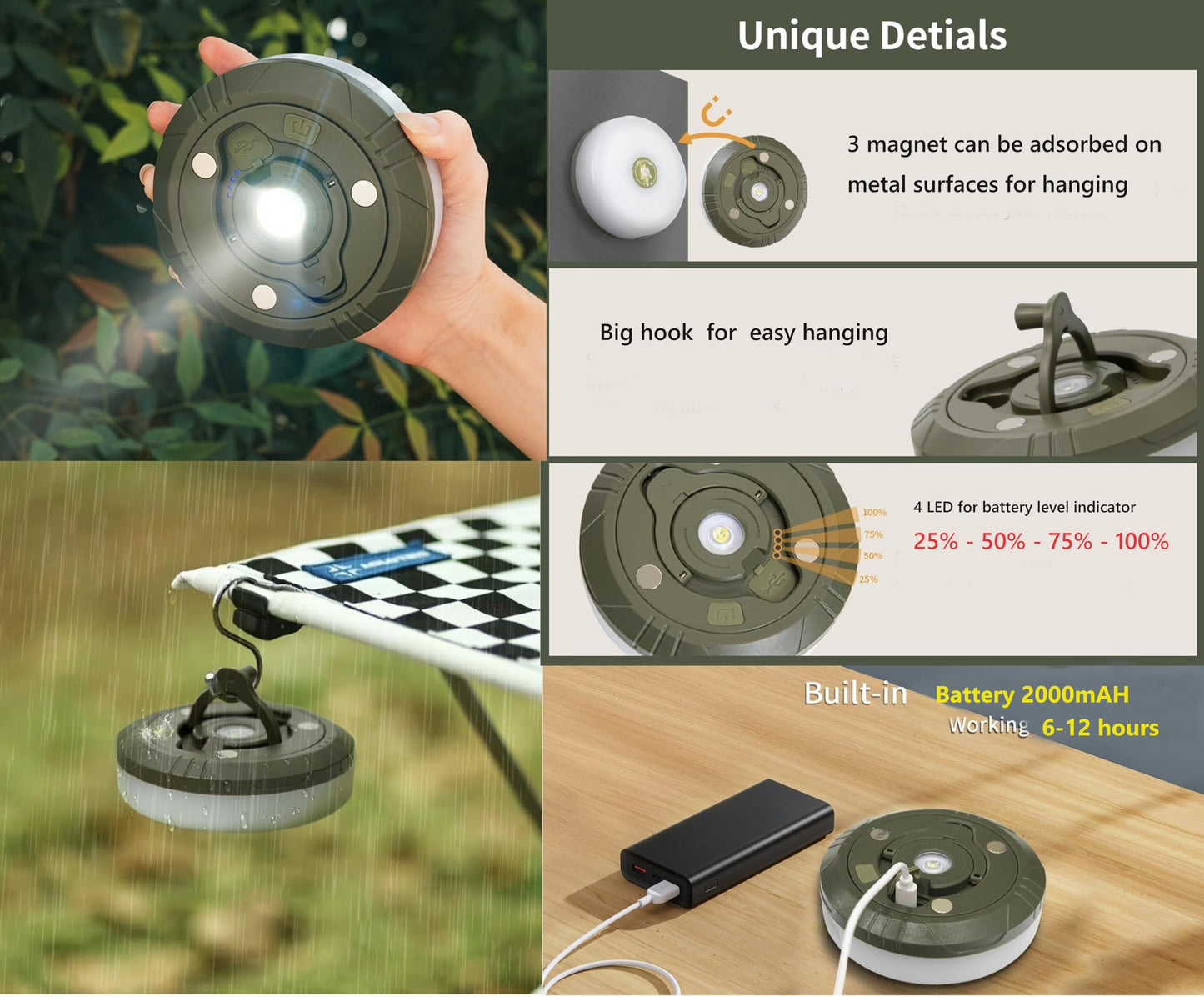 Camping String Lights,Camping Essentials Gear 32.8FT Lamp Lights Waterproof, 4 in 1 Outdoor String Lights with 8 Modes for Awn Tent Yard Garden Hiking
