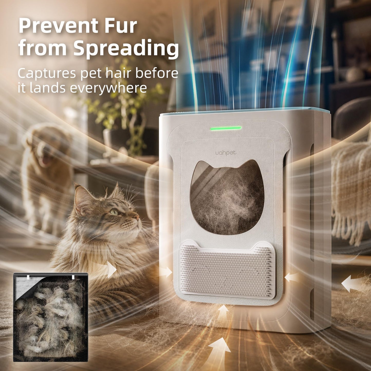 uahpet Pet Air Purifier, H13 HEPA Filter for Pet Hair, Dander & Odors, 2100 Sq Ft Coverage, Plug & Play No WiFi Required, Clog-Resistant Intake