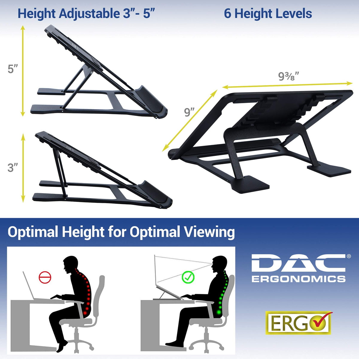 DAC Portable Laptop Stand with 6 Height Levels, Height Adjustable Foldable Aluminum Laptop Riser, Non-Skid Notebook Computer and Tablet Stand