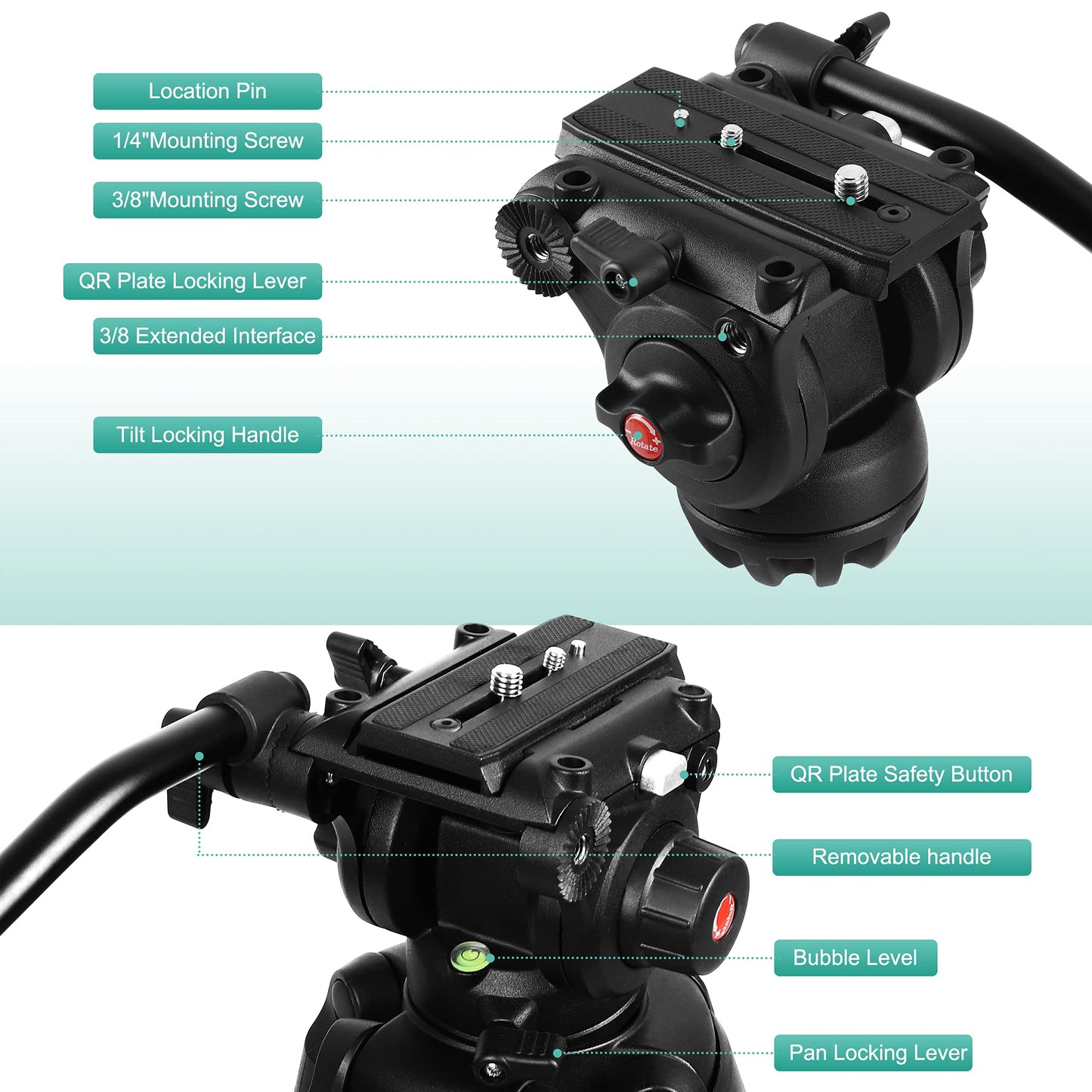 YoTilon Heavy Duty Tripod,70.8 Inch Professional Video Tripod with Fluid Head and Max Loading 17.6 LB, Universal QR Plate, for HDSLR