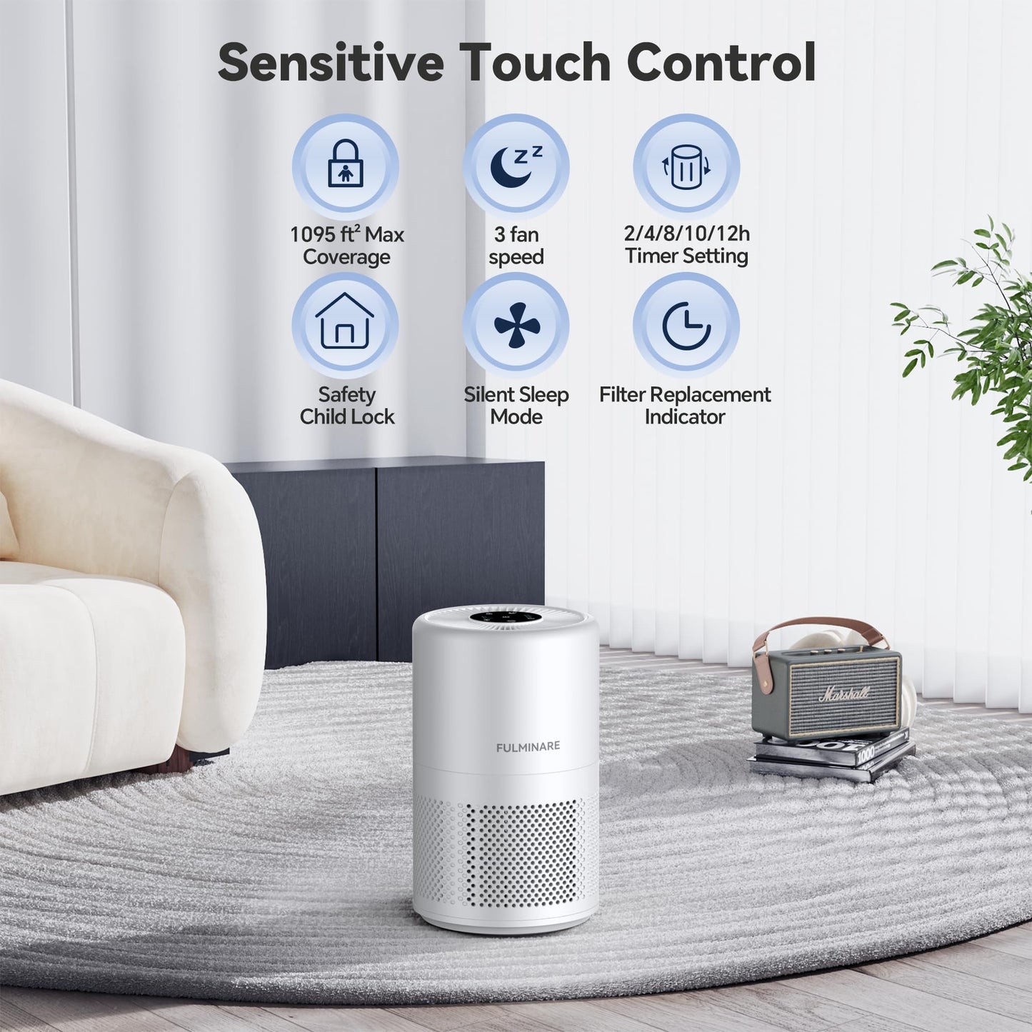 FULMINARE Air Purifiers for Home Bedroom HEPA Air Filter (White)
