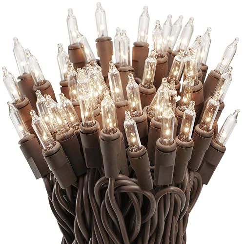 612 Vermont 100 Clear Mini Christmas String Lights on Brown Wire Cord, UL Approved for Indoor/Outdoor Use, 18 Foot of Lighted Length, 20 Foot of Total