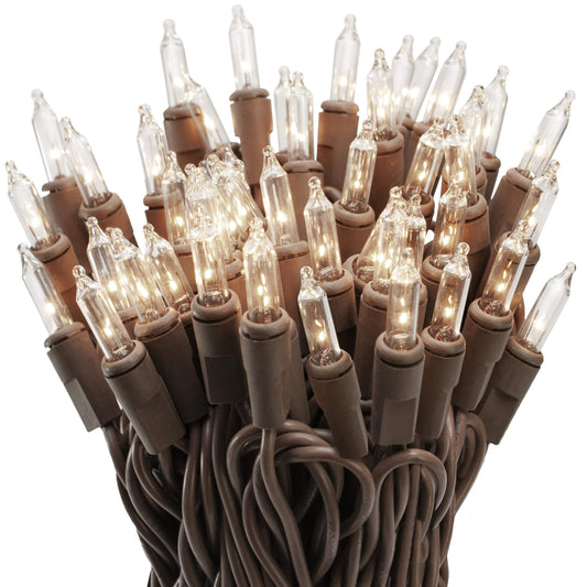612 Vermont 100 Clear Mini Christmas String Lights on Brown Wire Cord, UL Approved for Indoor/Outdoor Use, 18 Foot of Lighted Length, 20 Foot of Total