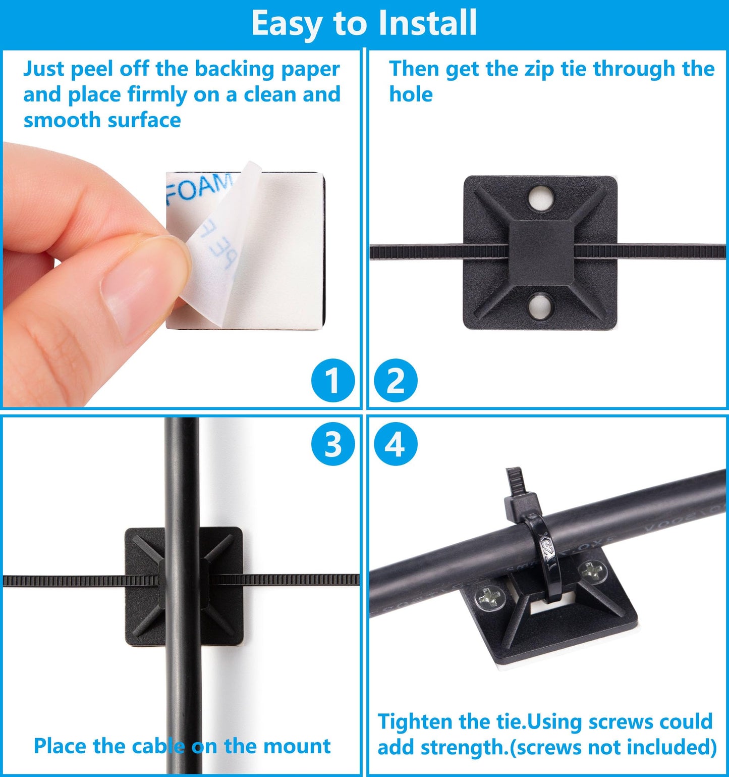 Cable Tie Mounts, Adhesive-Backed, 1 Inch, for Cable Management, Cable Tie Anchors, 100 Pack, Black