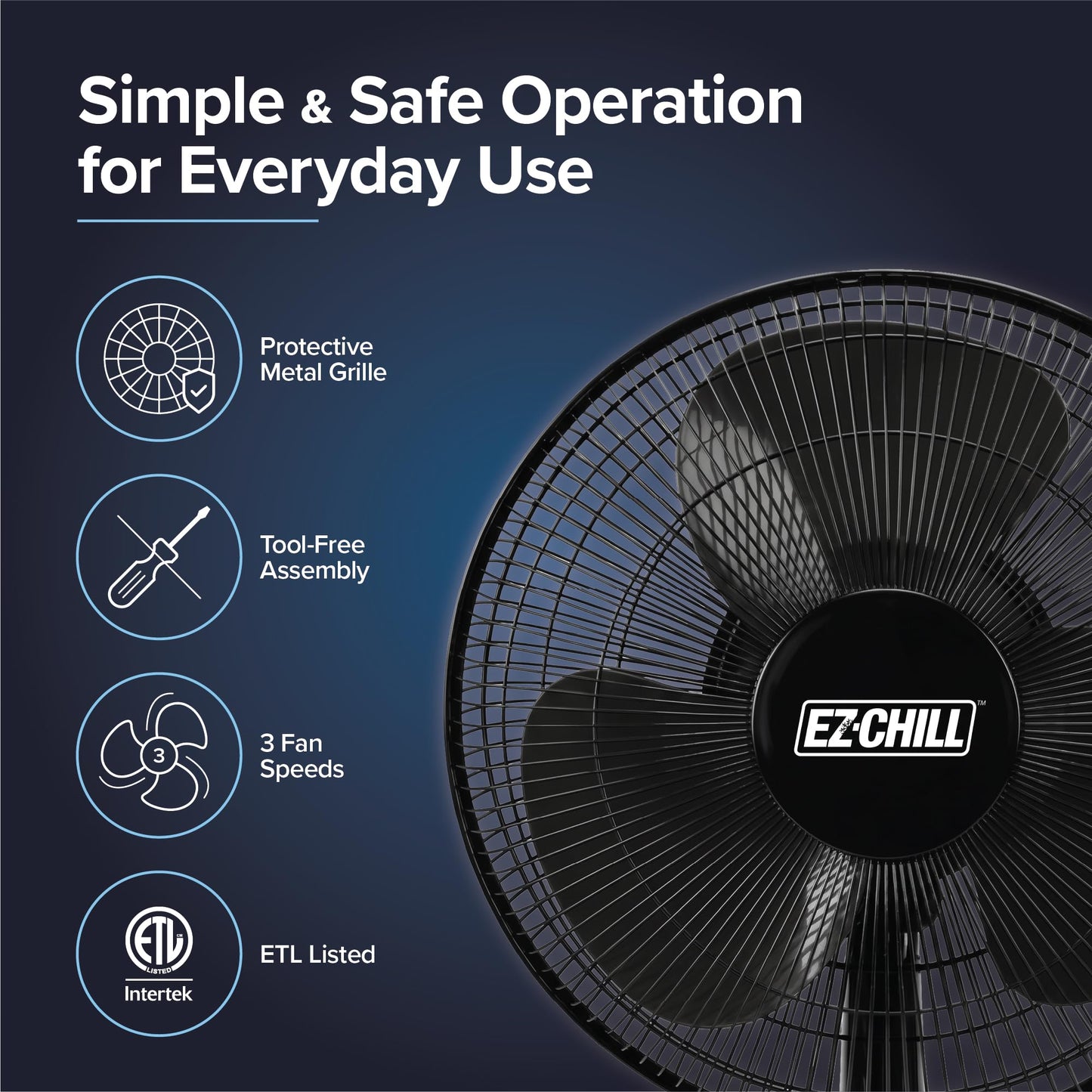 EZ-CHILL 16” Oscillating Table Fan with Adjustable Tilt, Convenient Push Button Controls, Quiet, 3 Speed, Desk Fan, Airflow 15.75 ft/sec, Ideal