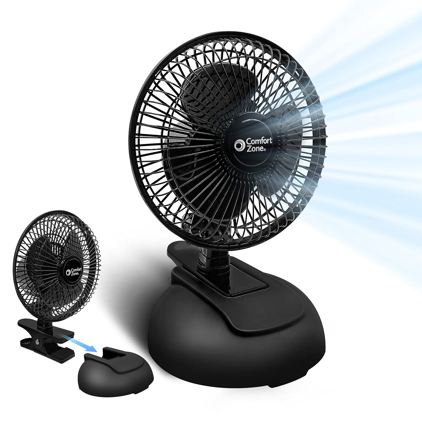 Comfort Zone CZ6XMBK 6” 2-Speed Combo Clip or Desk Fan with Removable Base, Strong Clamp for Firm Grip, Suitable for Bedroom, Office, or Dorm Room