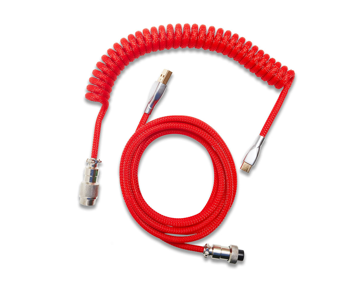 Glacier Premium Durable Quality Braided USB-C to USB-A Coiled Cable with Detachable Metal Aviator Connector Plug for Mechanical Keyboard (Red)