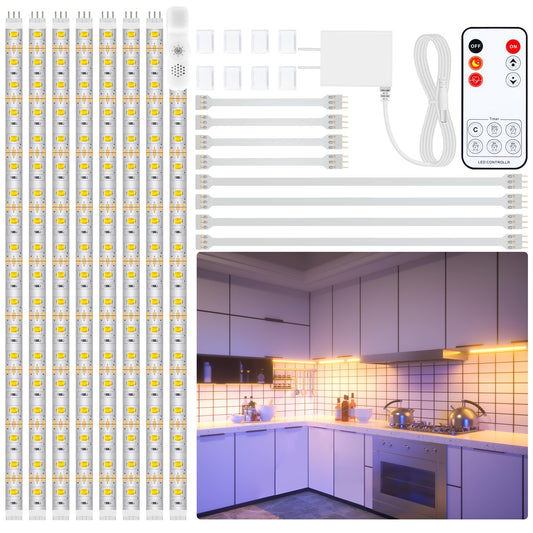 LAFULIT Under Cabinet Lighting Kit - 8 PCS 20 Inch Pre-Cut Strips, 2700K Warm White Flexible LED Strip Lights with Remote and Power Adapter