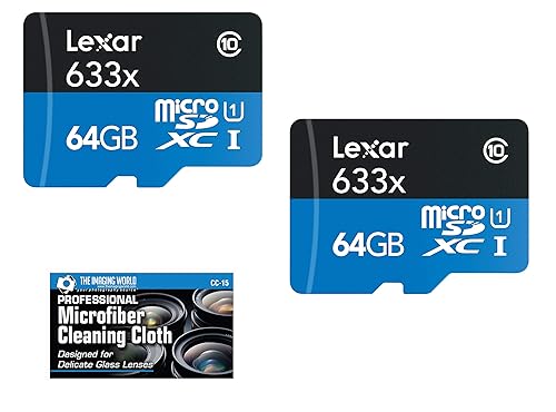 Lexar 64GB microSDXC UHS-I 633X High-Performance Memory Card - 2 Pack + Microfiber Cloth