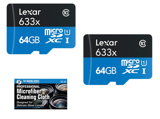 Lexar 64GB microSDXC UHS-I 633X High-Performance Memory Card - 2 Pack + Microfiber Cloth