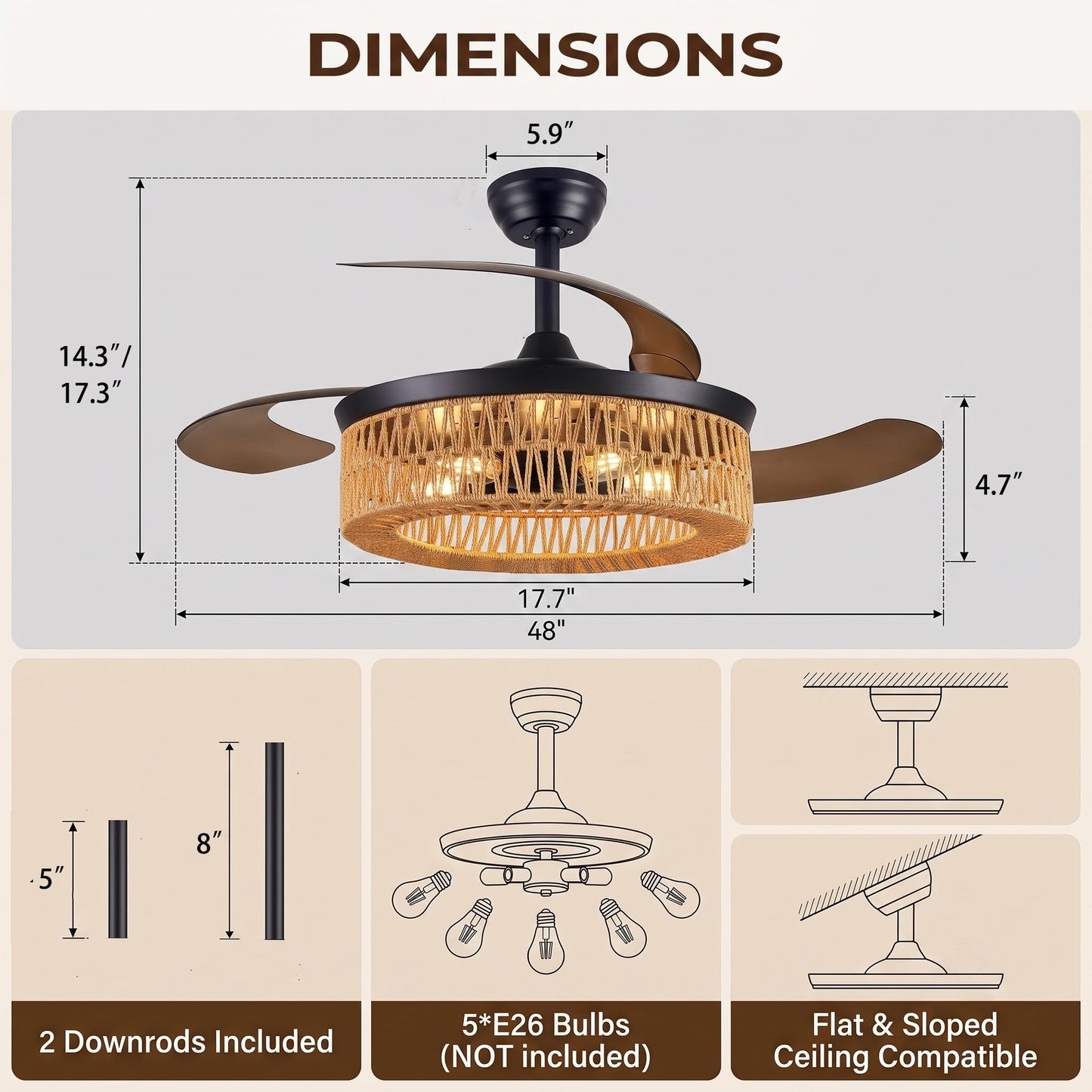 48 Inch Retractable Ceiling Fans , Boho Caged Farmhouse Ceiling Fanwith Lights and Remote, Invisible Rattan Fandelier with 6 Speeds,Timer