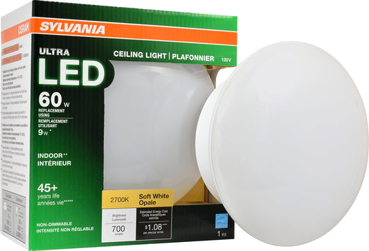 Sylvania Ultra LED Porcelain Ceiling Light Fixture, 60W = 9W, Non-Dimmable, Medium Base, 2700K, Soft White - 1 Pack (75080)