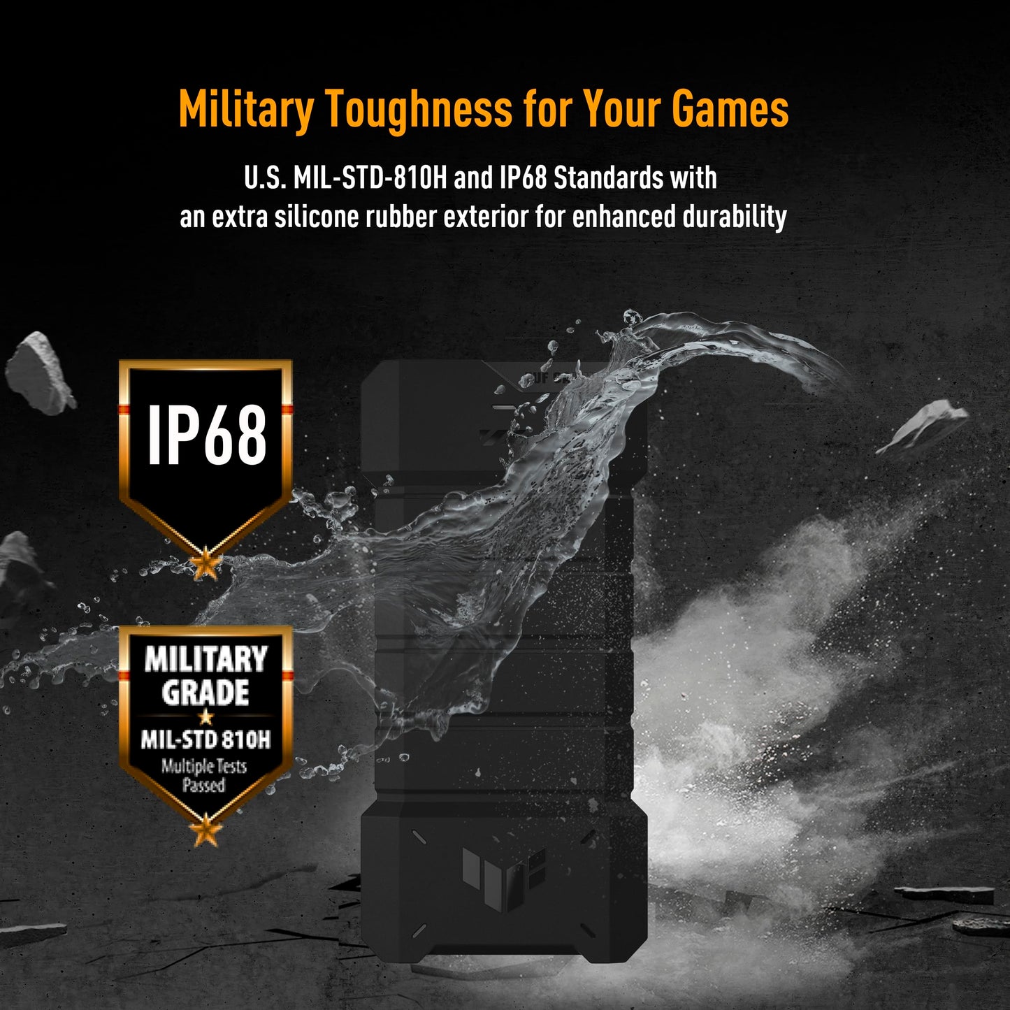 ASUS TUF Gaming A2- USB-C 3.2 Gen 2x2 Portable SSD Enclosure, Dual M.2 NVMe PCIe and SATA, MIL-STD-810H Drop Resistance, IP68 Water and dust