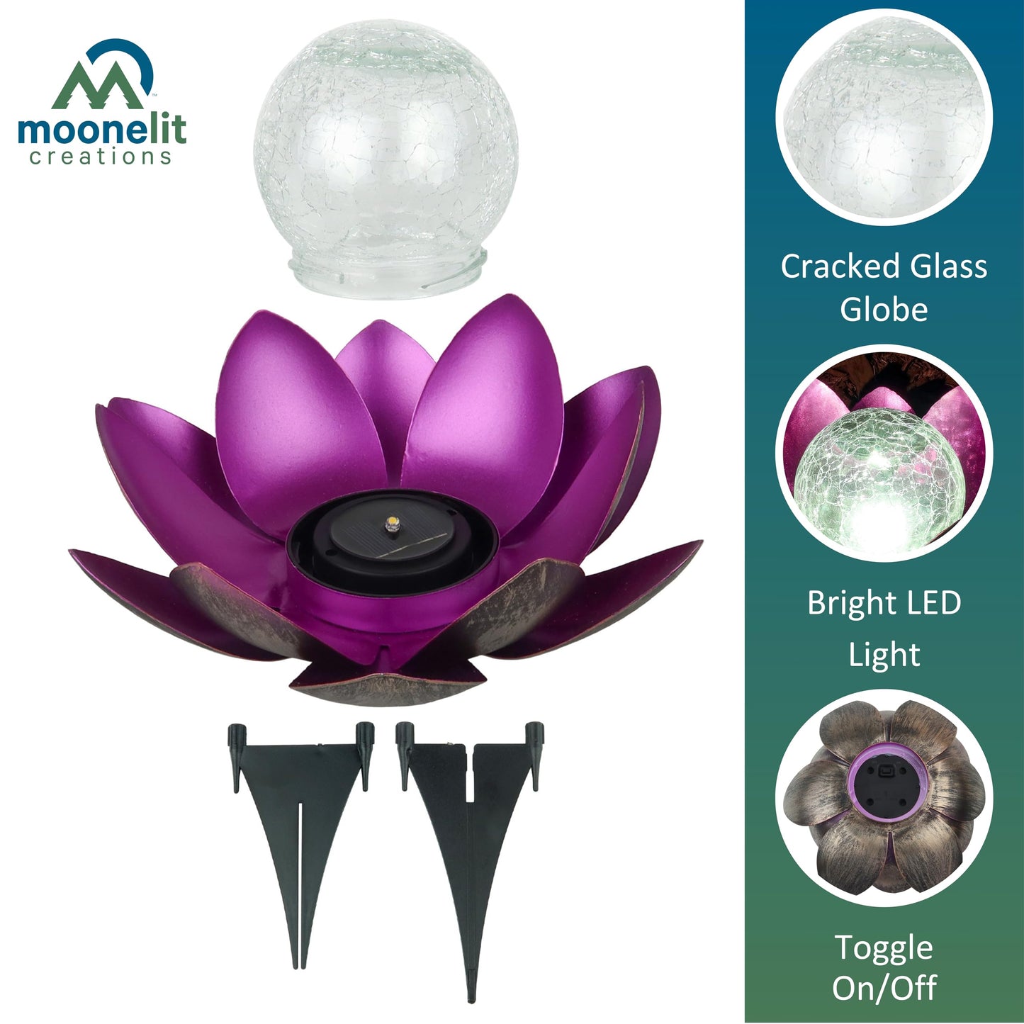 MooneLit Creations MCSLOTUS-V Violet Lotus Flower Solar LED Garden Light with Crackled Glass Globe - Waterproof Metal Outdoor Décor