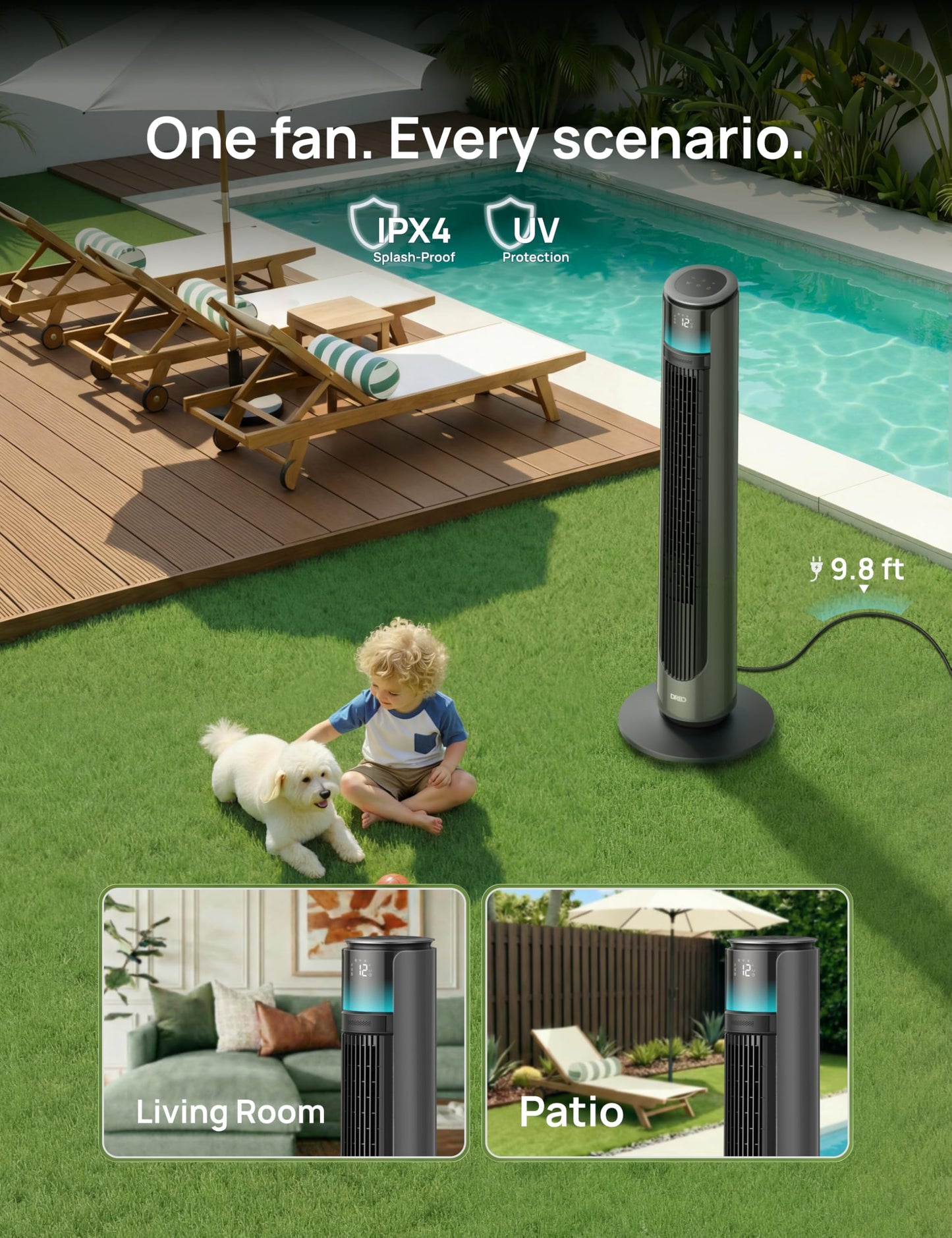 DREO Smart Tower Fan for Indoor & Outdoor Use, 33 ft/s High Velocity, 20 dB