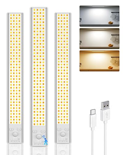 12inch Under Cabinet Lighting Wireless, 152LED Motion Sensor Light Indoor, USB Rechargeable Closet Lights, 3 Color Temps & Dimmable, Stick On Under