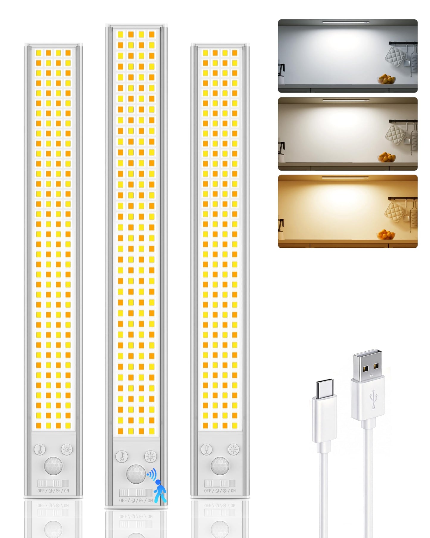 12inch Under Cabinet Lighting Wireless, 152LED Motion Sensor Light Indoor, USB Rechargeable Closet Lights, 3 Color Temps & Dimmable, Stick On Under