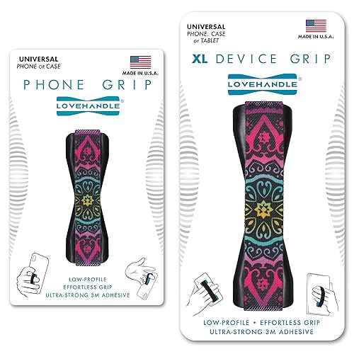 LOVEHANDLE Duo Elastic Strap for Smartphone and Tablet - Boho Design Black Base Grip + XL Grip