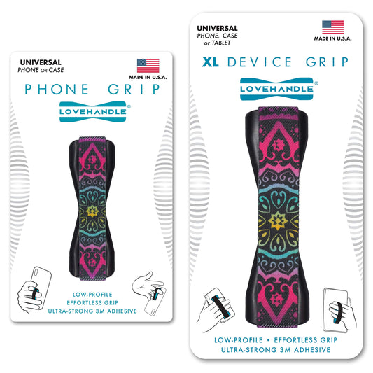 LOVEHANDLE Duo Elastic Strap for Smartphone and Tablet - Boho Design Black Base Grip + XL Grip