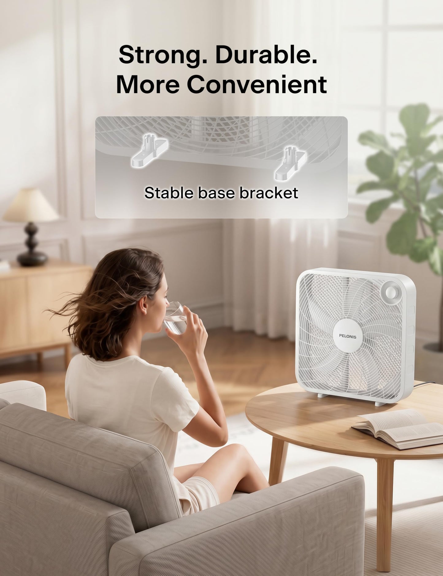PELONIS 3-Speed, 20-Inch Box Fan for Bedroom, 5 Blades, 2295 CFM, White